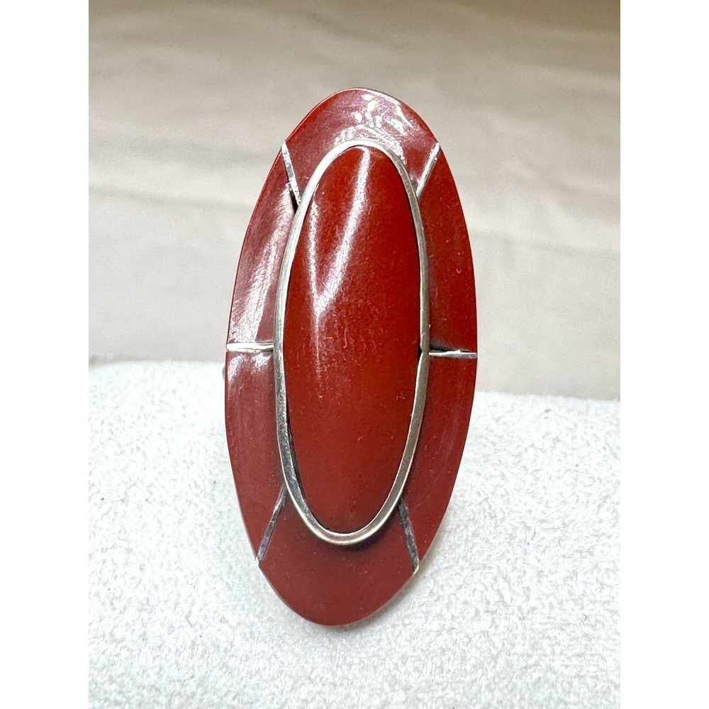 Julius Manuelito Navajo Precious Red Coral Statement Ring Size 8 3/4 - 1.5" Long
